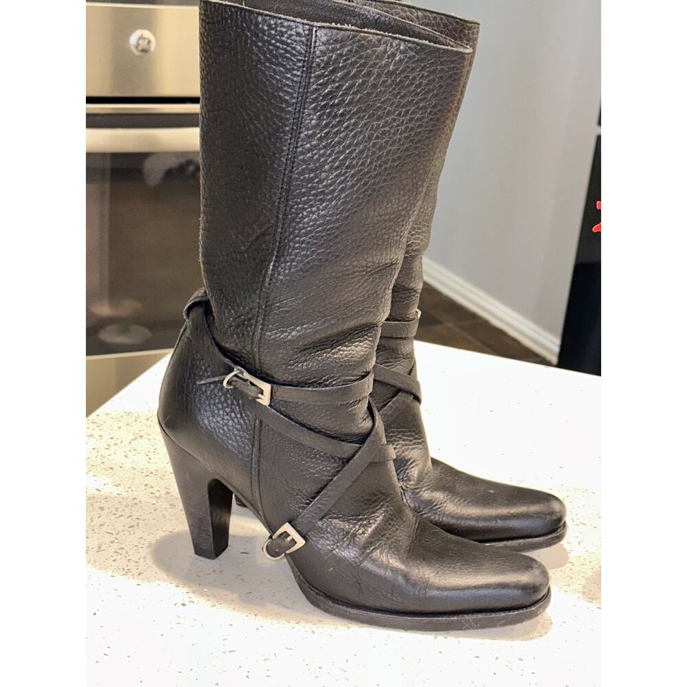 Vintage Prada Black Leather Pebbled 4” Heel Silver Buckle Straps Boots 39 8 Sexy - Picture 13 of 15